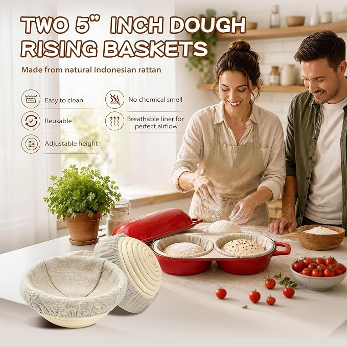 Mini Double Dutch Oven for Sourdough Bread Baking – Enameled Cast Iron Bread Pan with Lid, 500°F Oven Safe Non-Stick, Dual Round Loaf Space (6inch Diameter), Bake Two Different Loaves at Once, Includes 2×5" Banneton Proofing Baskets (Red)