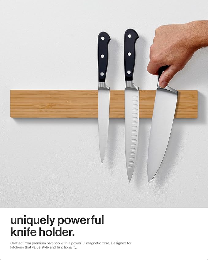 LARHN Magnetic Knife Holder for Wall, 16″ - Powerful Knife Magnetic Strip for Knives, Utensils and Tools - Not Compatible with Refrigerators - 100% Solid Bamboo
