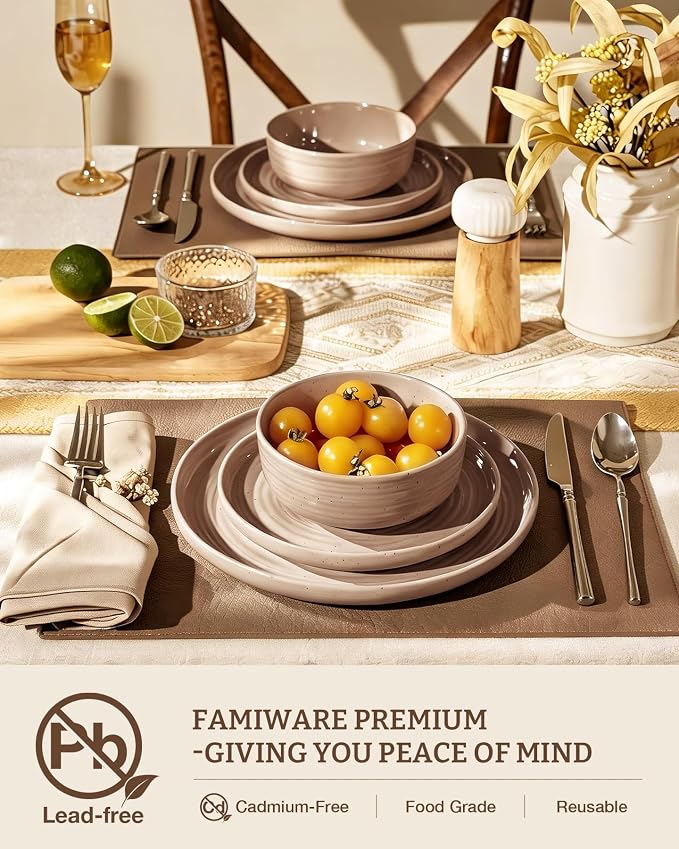 16-Piece Stoneware Dinnerware Sets for 4 with Pasta Bowls – Speckled Glaze with Spiral Design, Coupe Plates and Bowls - Chip & Scratch Resistant, Microwave & Dishwasher Safe, Brown