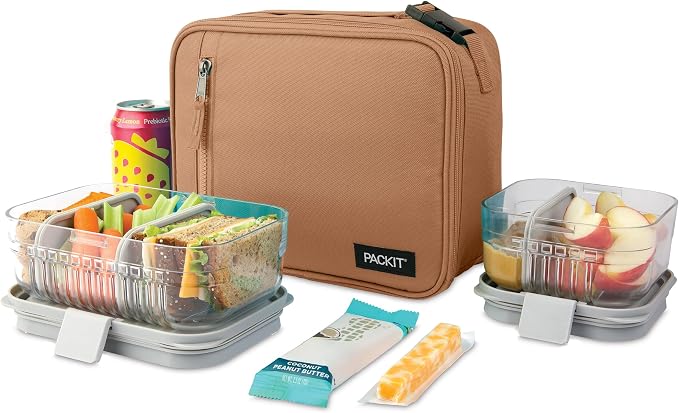 PackIt(R) Freezable Classic Lunch Box, Almond, Built with EcoFreeze(R) Technology, Collapsible, Reusable, Zip Closure With Zip Front Pocket and Buckle Handle, Designed for Fresh Lunch On the Go