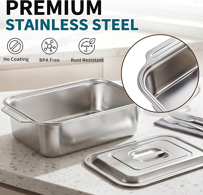 Extra Deep Stainless Steel Lasagna Pan with Wide Handles & Lid, 16.5 x 10 x 4 Inch, 6.3 QT Large Casserole Baking Dish, Oven Safe Heavy Duty Baking & Roasting Pan for Meal Prep & Storage