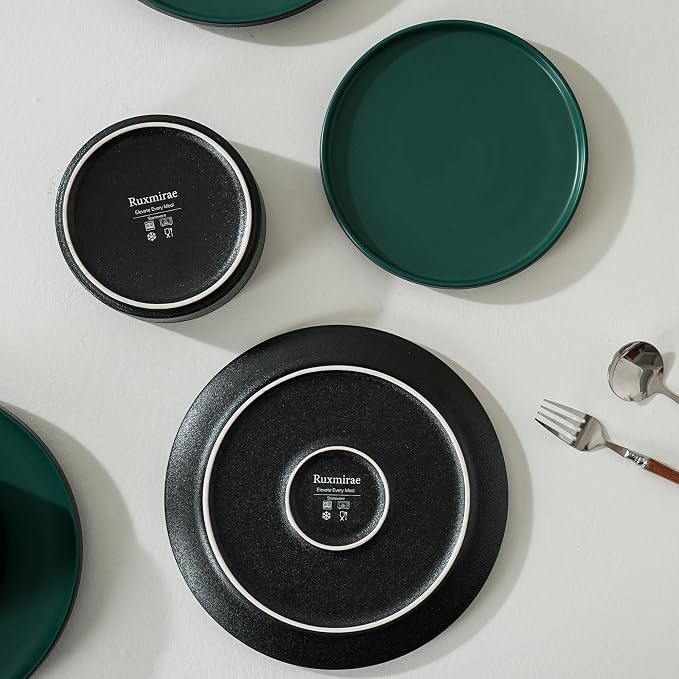 6 Piece Dinnerware Set, Modern Minimalist Stoneware Plates and Bowls Sets, Modern Dinner Plate, Salad Plate, Cereal Bowl, Dish Set for 2, Microwave and Dishwasher Safe, Matte Green