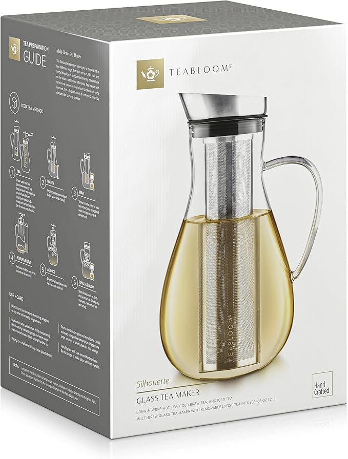 Teabloom Large Multi-Brew Glass Teapot + Kettle + Pitcher (68 OZ / 2.0 L / 8 CUPS) – Brew and Serve Hot Tea, Iced Tea, Cold Brew Tea and Fruit Infused Water – Silhouette Tea Maker