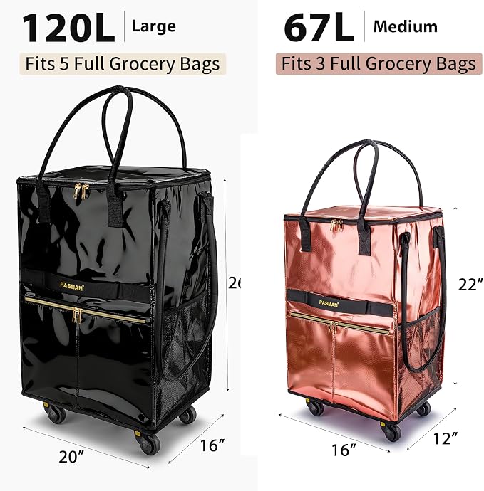 Reusable Grocery Bag on 5 Wheels, Foldable Rolling Tote Bag with Handle and Zipper Cover, Heavy Duty Shopping Cart for Laundry, Market & Travel (Black2, Medium_67L)