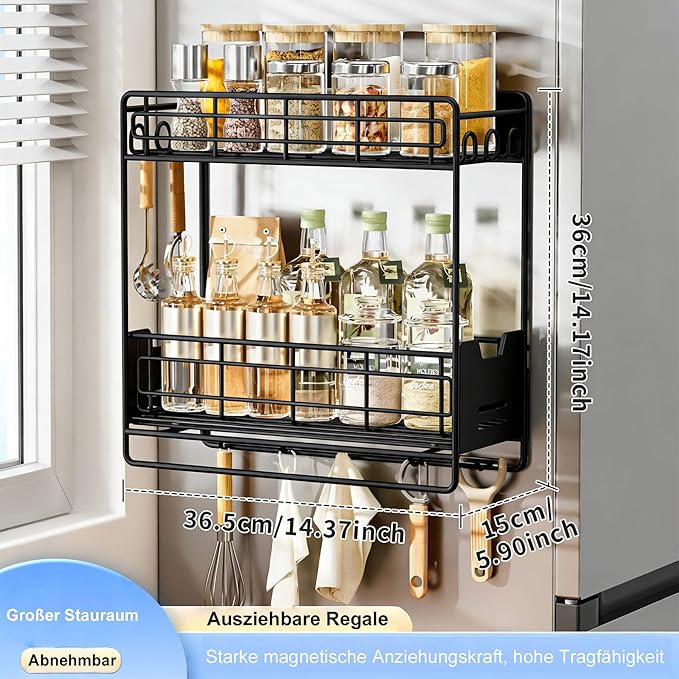 Magnetic Shelves for Washing Machine with Pull Out Shelf, Black Magnetic Sliding Racks for Side of Fridge, Magnetic Laundry Shelf with 5 Hooks, Magnet Laundry Room Organizer