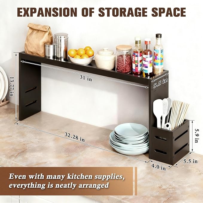 Bamboo Over the Stove Shelf 31in - Durable Stove Shelf for Back of Stove with Non-Slip EVA Liner, 6 Hooks & Utensil Holder, Spice Rack for Standard Stoves (Black)