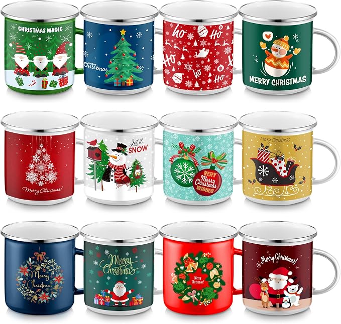 Sliner 12 Pcs Christmas Enamel Mugs, 12 oz Coffee Mugs Bulk Hot Chocolate Mug Set Cute Enamel Tea Cups Winter Holiday Christmas Employee Gift for Family Coworkers (Snowman)