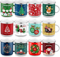 Sliner 12 Pcs Christmas Enamel Mugs, 12 oz Coffee Mugs Bulk Hot Chocolate Mug Set Cute Enamel Tea Cups Winter Holiday Christmas Employee Gift for Family Coworkers (Snowman)