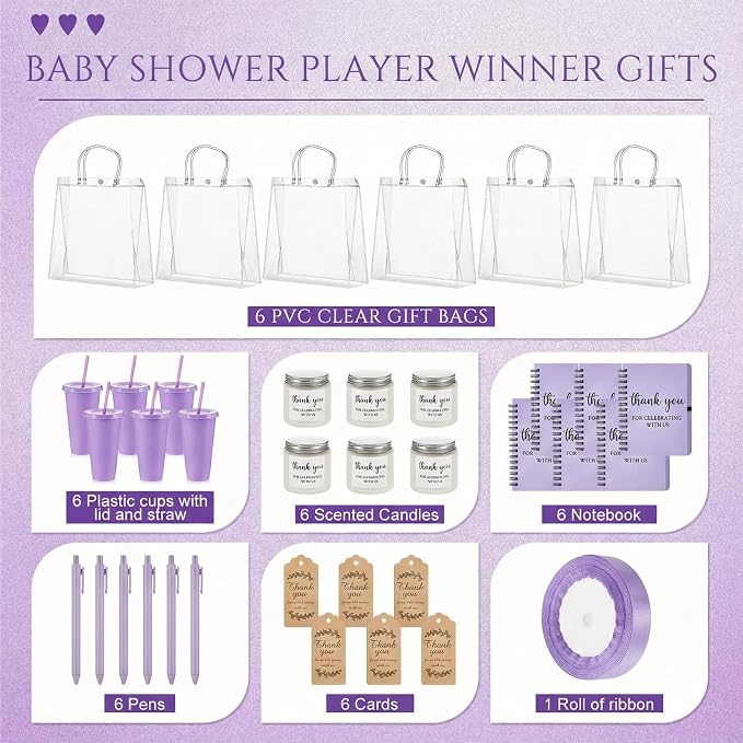 Nuogo 6 Sets New Parent Shower Prizes for Player Winners Adult, Wedding Bridal Shower Gift, Plastic Tumbler Notebook Scented Candle Ballpoint Pen Bag (Purple Color,Classic Style)
