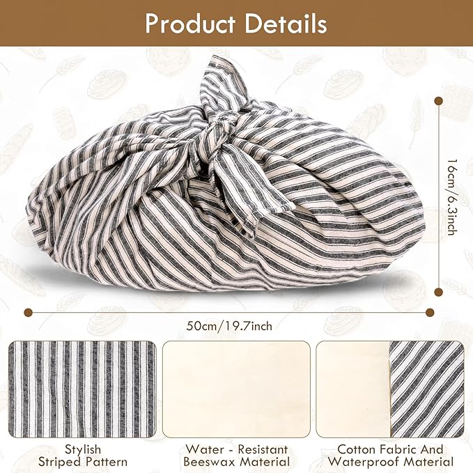 yeload 4 Pack Beeswax Bread Bags, Striped Linen Bento Bags, 14" Cotton Loaf Bag, Reusable Organic Food Storage, Sourdough Bag, Rustic Farmhouse Azuma Bukuro Origami Wrap for Baked Gifts (Black, 4)