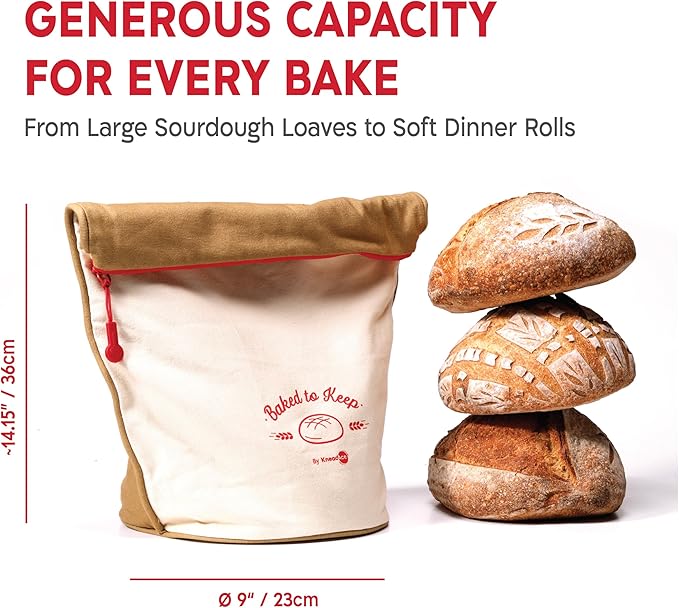 KNEADACE Reusable Bread Bags for Homemade Bread -Stylish Sourdough Bread Storage with Roll-Top Design, 100% Cotton & Food-Safe Lining, Freezer & Refrigerator Friendly, Gift for Bakers (Beige/Cream)