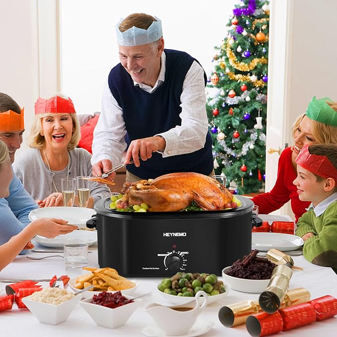18 Quart Roaster Oven with Self-Basting Lid, Electric Turkey Roaster Oven with Defrost & Warm Function, Adjustable Temperature, Removable Pan & Rack, Stainless Steel, Black