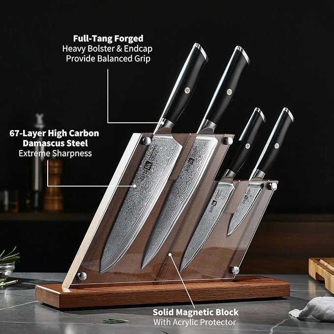 Klaus Meyer Empira 5 Piece Damascus Kitchen Knife Set With Magnetic Block | VG-10 Damascus Steel, Full Tang, Ultra Sharpness, Ergonomic ABS Handle, Strong Magnetic Block, Ideal Gift For Passionate Chef