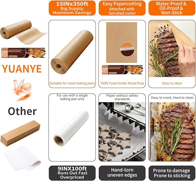Unbleached 15x350 ft Parchment Paper Roll, 437 Sq.Ft, Non Stick Brown Extra Long Baking Paper Sheets with Serrated Cutter for Cooking, Baking, Grillin, Steaming Bread Cookies, Oven/Air Fryer/Microwave