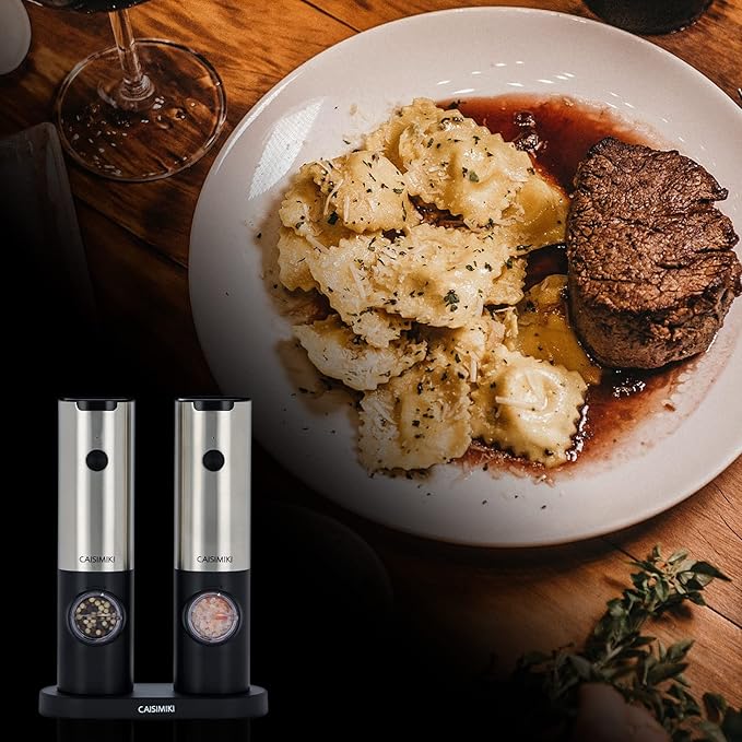 Electric Salt and Pepper Grinder Set Rechargeable Automatic Pepper Mill Grinder Stainless Steel Kitchen Gadgets Adjustable Coarseness Shakers, One Hand Operation, 2 Pack