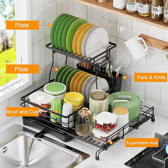 Over The Sink Large 2 Tier Dish Drying Rack Expandable,Dish Drainers for Kitchen Counter,Rustproof Utensils