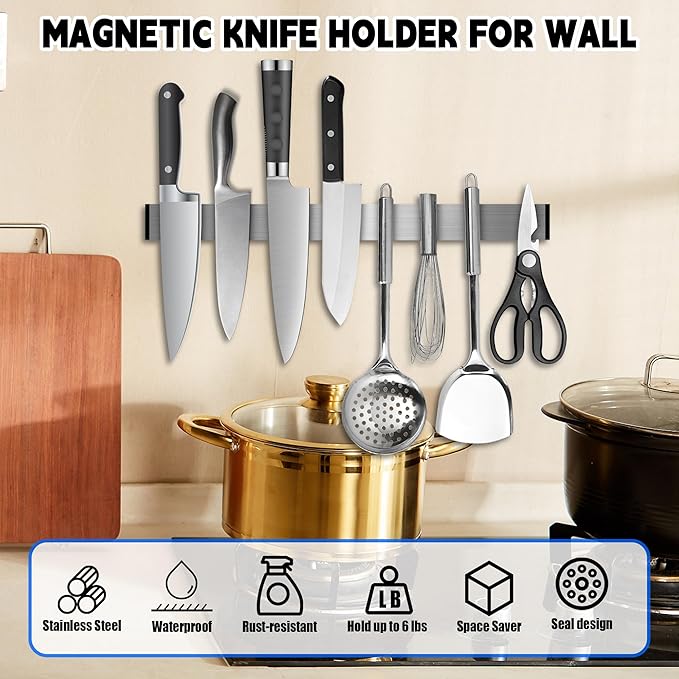 Magnetic Knife Holder for Wall 16 Inch, Strong Adhesive No Drill, Professional Knife Strip, No Screws Needed, Adhesive Backing, Stainless Steel Knife Bar