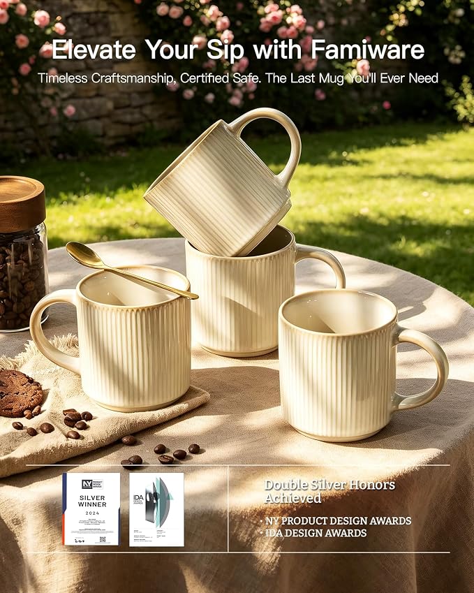 famiware Coffee Mug Set for 6, Star 12 oz Catering Mugs Cup Set with Handle for Coffee, Tea, Cocoa, Milk - Ceramic Stoneware Drinkware Set, Vanilla White