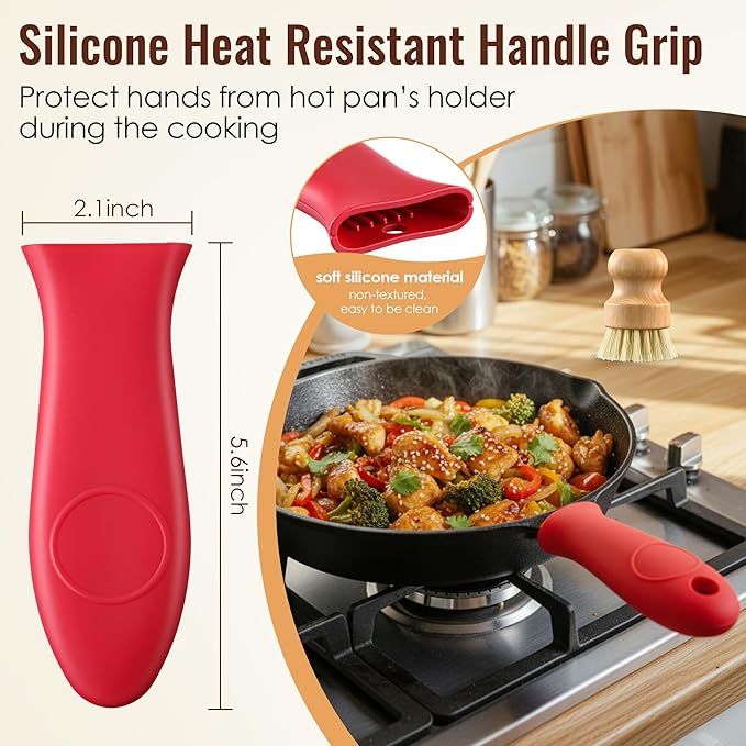 4pcs Cast Iron Cleaner and Care Kit - 6oz Cast Iron Seasoning Wax, Chainmail Cleaning Scrubber, Silicone Pot Handle Holder and Bamboo Dish Brush for Wok, Skillet, Pan, Dutch Oven, Griddle