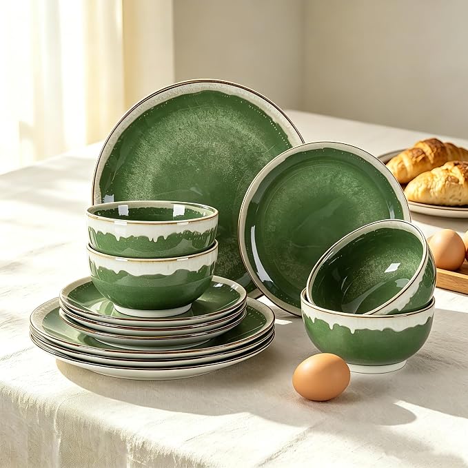 Sweejar 12 Pieces Ceramic Dinnerware Sets for 4, Gradient Glaze Plates and Bowls Set, Microwave & Dishwasher Safe, Stackable Dish Set, Scratch Resistant Dishware Sets, Green