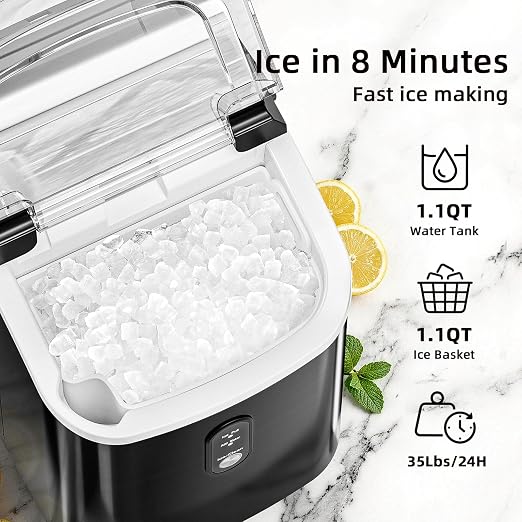 Nugget Countertop Ice Maker with Soft Chewable Ice, 34Lbs/24H, Pebble Portable Ice Machine with Ice Scoop, Self-Cleaning, One-Click Operation, for Kitchen,Office Stainless Steel Black