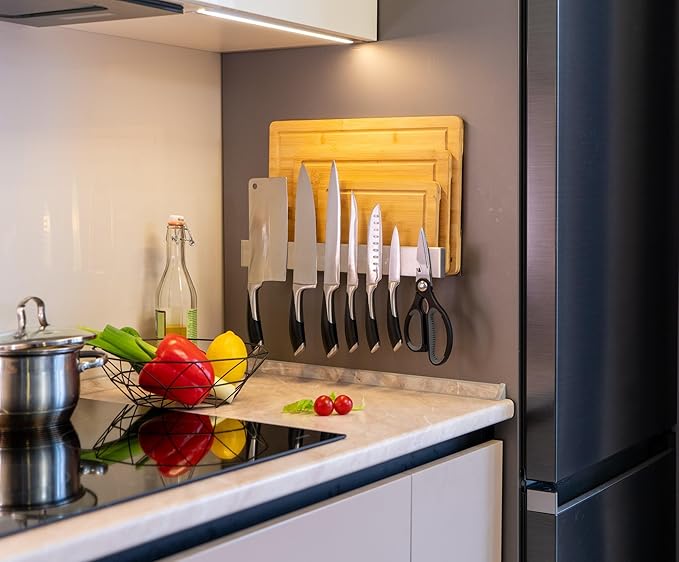 Demi's Home Knife Magnetic Strip & Cutting Board Holder for Wall or Fridge - 16 inch - (Supplies Not Included) - Magnetic Cutting Board & Knife Holder for Fridge or Wall