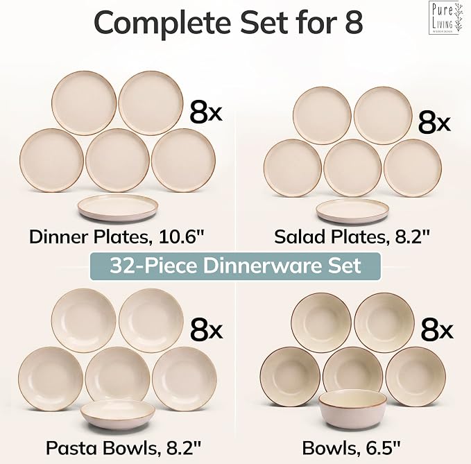 32 Piece Stoneware Dinnerware Set for 8 - Handmade Reactive Glaze Plates and Bowls Set - Chip & Scratch Resistant Dish Set - Dishwasher Microwave Safe - Rustic Beige
