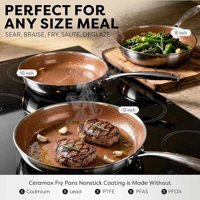 CERAMAX Gotham Steel Hybrid 3pc Stainless Steel Non Stick Frying Pans Set, 8 10 12 inch Ceramic Frying Pan Skillet Set, Induction Ready, Made without PFAS & PFOA, Oven and Dishwasher Safe - Copper