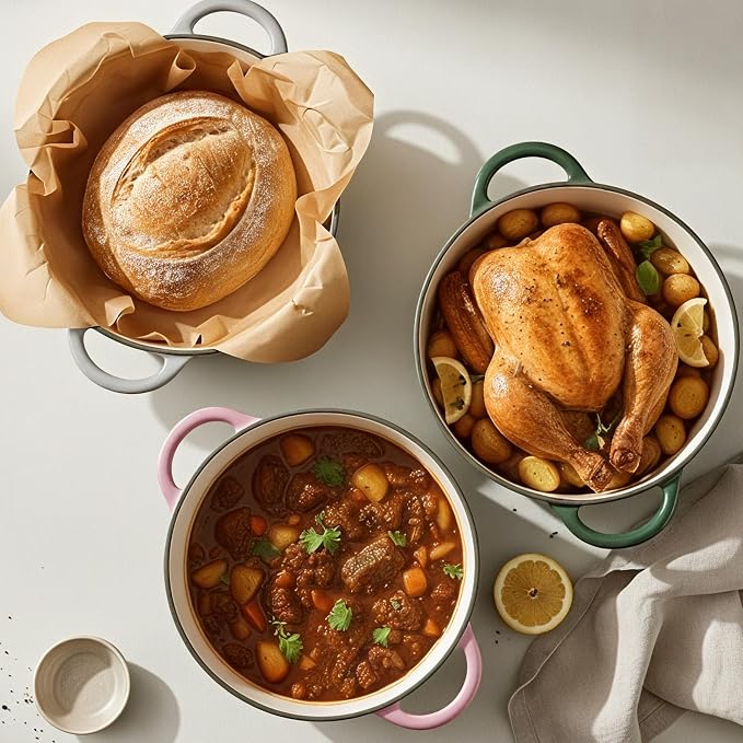 6 Quart Dutch Oven Pot with Lid, Non Stick Enameled Cast Iron Dutch Oven for Bread Baking, Heavy-Duty, Oven Safe Ceramic Cookware Up to 500°F for Baking, Braising, Stews, Roasting, Gray