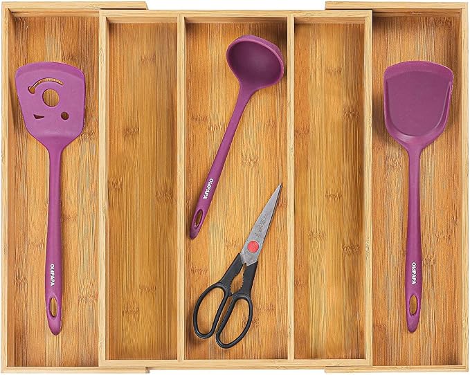 Utoplike 4 pcs Bamboo Kitchen Drawer Dividers 16.8-21.8IN and Bamboo Expandable Kitchen Drawer Organizer, Adjustable Utensil Holder Set