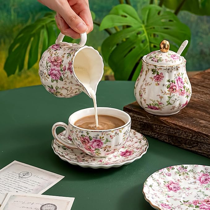 Agyiuns Tea Cup and Saucers, 6.4oz Floral Tea Cups with Gold Trim, Porcelain Teacup, Coffee Cappuccino Espresso Latte Mugs for Party Birthday,Party Cafe Home, Christmas Gift (White)