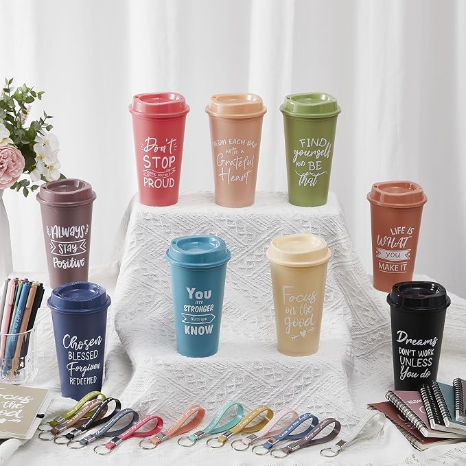 Skylety 12 Sets/48 Pcs Employee Appreciation Gift Baskets Bulk 16oz Inspirational Coffee Cup with Spiral Notebook, Pen & Keychain, Thank You Gifts for Staff, Teacher,Coworker, Team (Morandi Color)