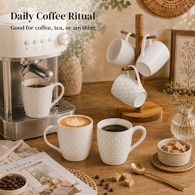 DOWAN Coffee Mugs Set of 6, 19 oz Large Mug, Ceramic Embossment Stoneware Tea Cups with Handle for Men Women, Handcrafted Mug Gift Set, Housewarming Wedding Gift