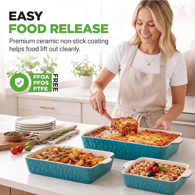 NutriChef 3-pc Casserole Dish Set for Oven, Ceramic Lasagna Baking Dishes, Deep Serving Dish with Handles - Aqua, (14.7"/ 10.8"/ 7.9")