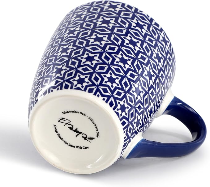 Elama Declan 12 Ounce Assorted Design Stoneware Mug Set in Blue and White, 6 Piece Set