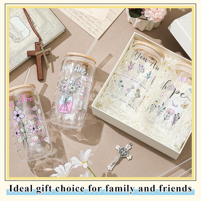 Mumufy 4 Pack Wildflower Glass Cups Gift Aesthetic Cute Glass Cup Tumbler Flower Iced Coffee Mugs 16 oz with Bamboo Lid & Straw, for Wedding Birthday Bridesmaid Mom Baby Shower