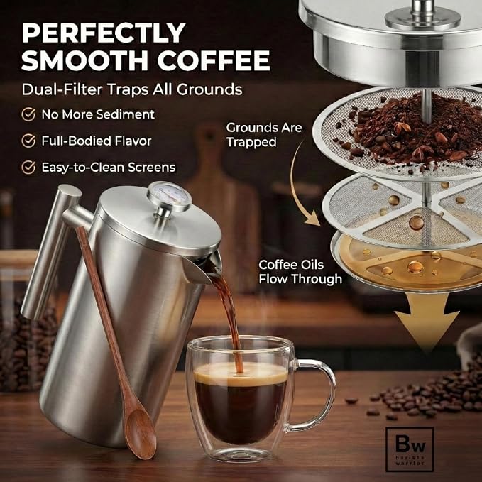 Barista Warrior French Press Coffee Maker - Double-Wall Stainless Steel Insulated French Press with Built-In Thermometer, Dual Filters Coffee Maker with Wooden Spoon - Silver