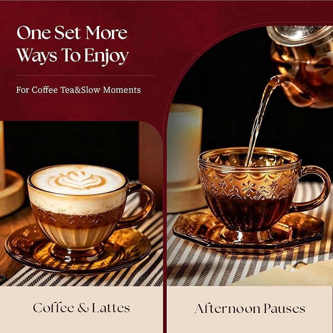 Handcrafted Vintage Glass Coffee Cup and Saucer Set, 12 oz Large Tea Cup with Round Saucer for Coffee, Latte, Tea, Gift for Women, Microwave & Dishwasher Safe, Golden Amber