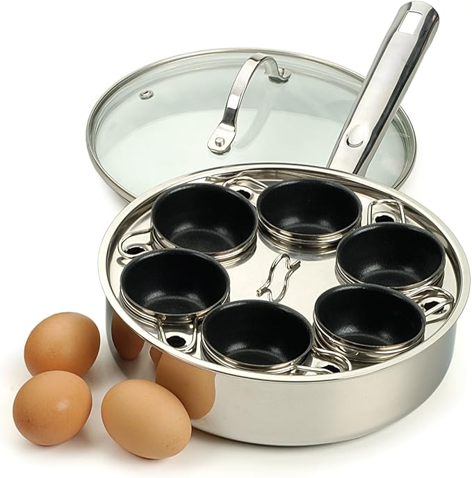 RSVP International Endurance® Egg Poacher Set for 6 Eggs | Glass Lid with Steam Vent | Perfectly Poached Eggs | Includes Non-Stick Poaching Insert | Dishwasher Safe