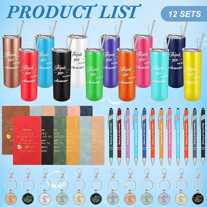 Ireer Employee Appreciation Gifts Thank You Teacher Gifts 20 oz Insulated Tumbler Keychain Pen Notepad(Stylish Colors,12 Sets)
