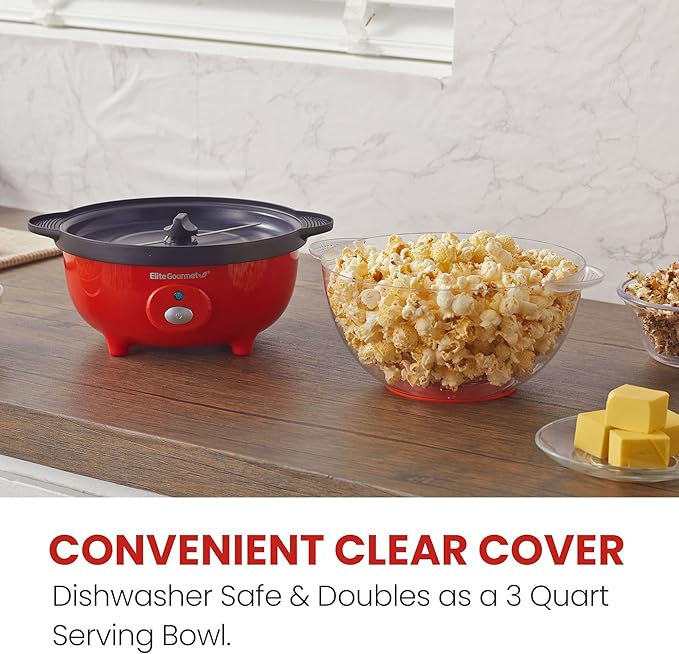 Elite Gourmet EPM330R Automatic Stirring Ceramic Nonstick 12-cup Popcorn Maker, Hot Oil Popcorn Machine w/Measuring Cap & Built-in Reversible Serving Bowl, Great for Home Party, ETL Approved, Red