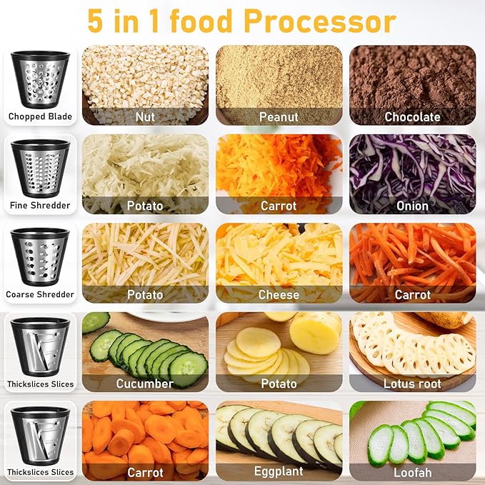 Electric Cheese Grater, 5 in 1 Professional Rotary Cheese Grater Vegetable Slicer, Electric Salad Shooter Spiralizer for Veggies, Grated Carrots, Salad, Broccoli Slaw, Cheeses, Fruits, 150W