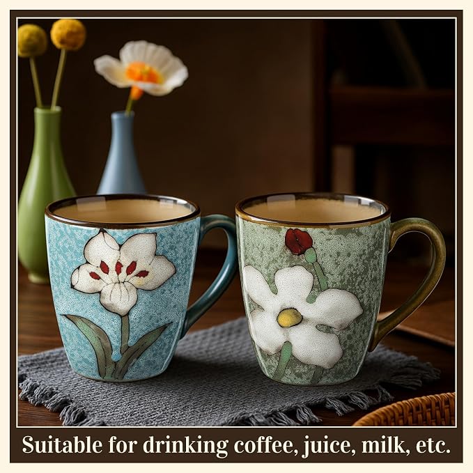 Maxdot 2 Pcs 12oz Ceramic Coffee Mugs Sets Glazing Process Cappuccino Mug Floral Ceramic Tea Cups Idea Gift Set for Women Porcelain Cup for Coffee, Cocoa, Tea, Latte (Retro) (Fresh)