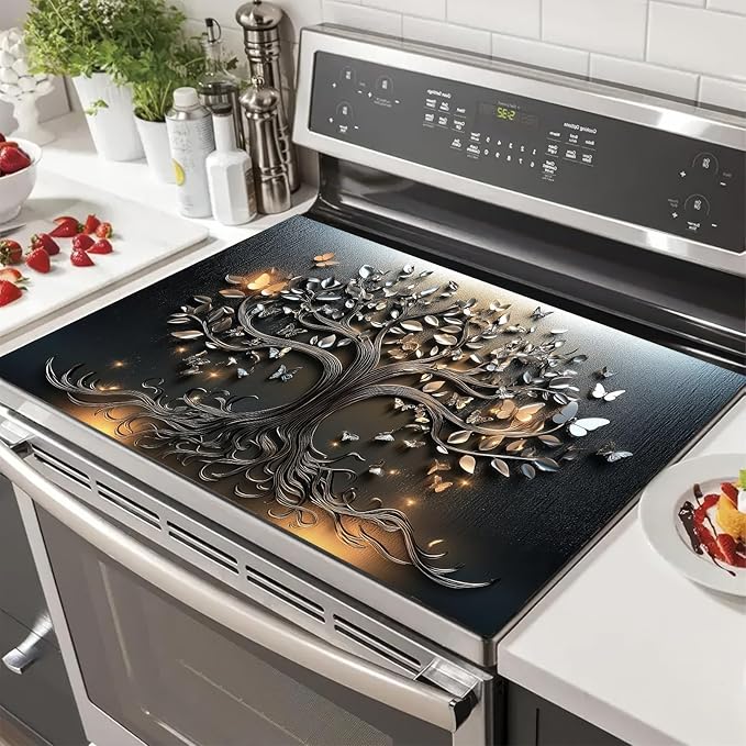 HOMETITUTE Stove Top Cover 28x20 Inch Diatomite Butterfly Tree Relief Kitchen Decor Glass Cooktop Protector Dish Drying Mat Coffee Mat Electric Stove Cover Mat Heat Resistant Pad