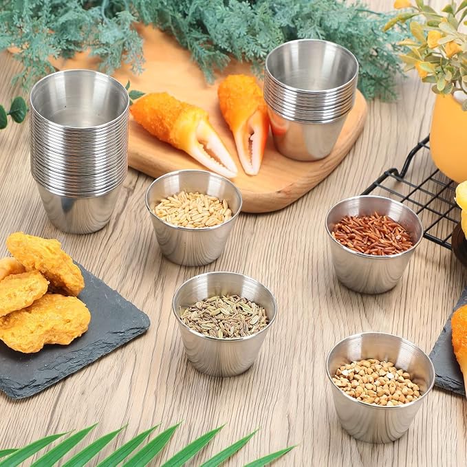 Mimorou 2.5oz Metal Ramekin Stainless Steel Sauce Dipping Cup Ramekin Sauce Container Round Dipping Bowl Condiment Cup for Dish Butter Kitchen Restaurant Serving Party Dinner Cooking