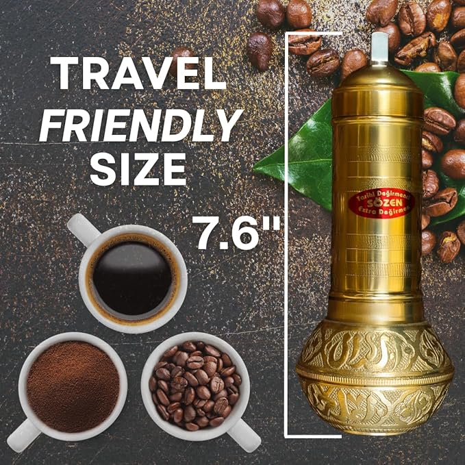 Sozen 7.6" Manual Coffee Grinder Brass – Hand Crank Burr Mill for Turkish Coffee, French Press, Espresso, Camping & Home Use – Portable Coffee Bean Grinder, Adjustable Conical Grinder