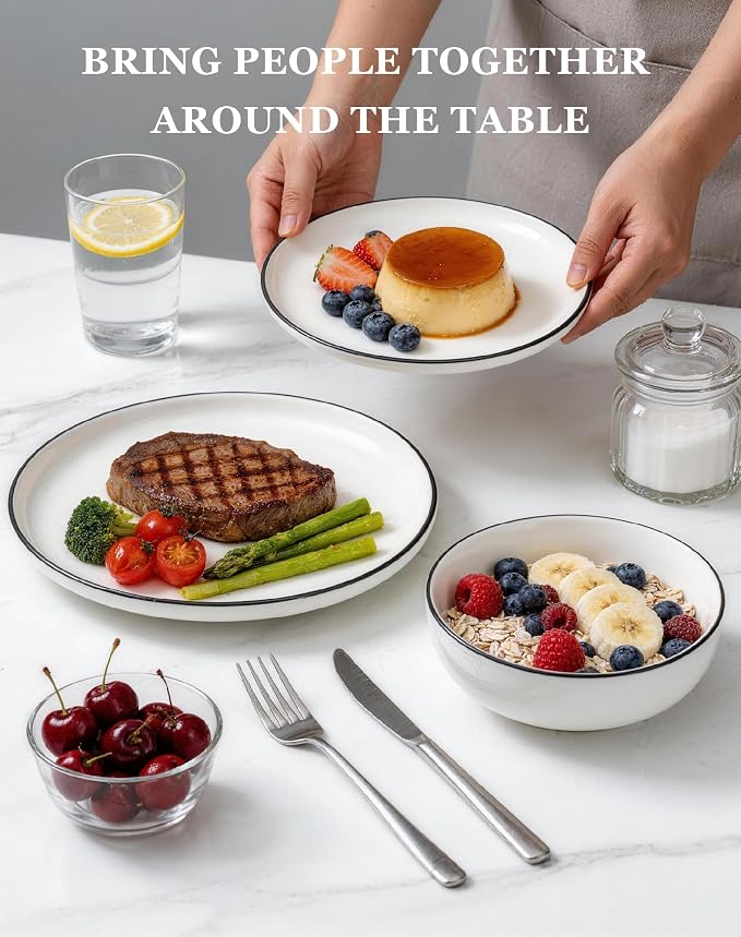 OTAGO 16-Piece Porcelain Dinnerware Set for 4 with Mugs, White Stoneware Plates and Bowls Sets, Ceramic Dish Set for Kitchen, Dinner & Dining, Black Rim, Microwave & Dishwasher Safe
