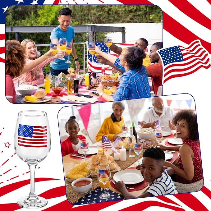 SiliFine 4 Pcs 4th of July Patriotic Party Stemmed Wine Glasses Hand Painted American Flag Drinking Cup Wine Glasses Gifts for Independence Day Theme Holiday Party Supplies