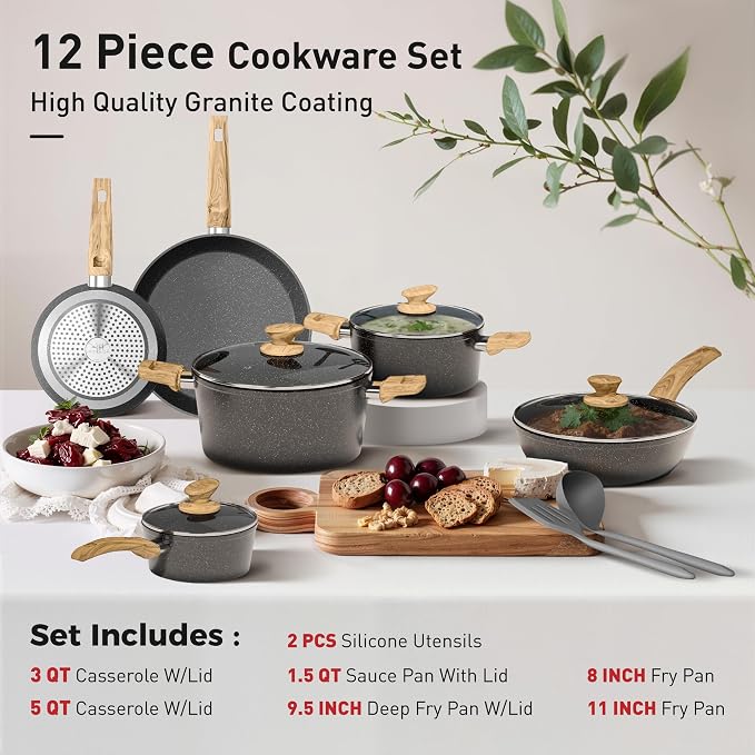 DishDelight Induction Pots and Pans Set Non Stick, 12 Piece Granite Kitchen Cookware Sets, Cooking Pot Set Nonstick Non Toxic, PFOA&PFOS Free, Gray
