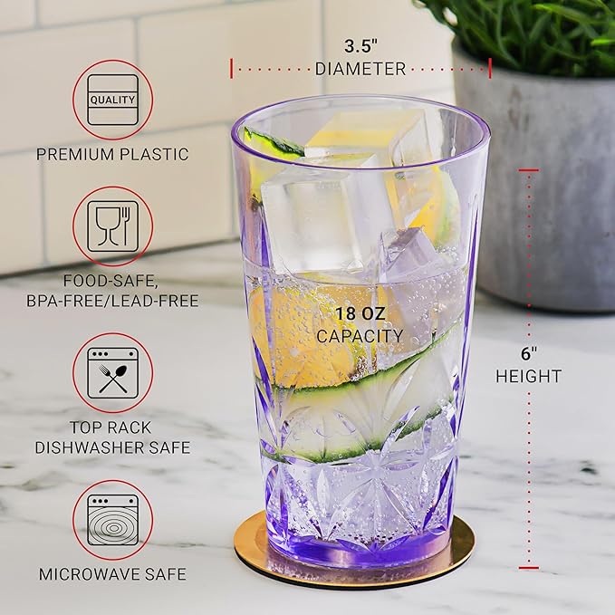 Bravario Royal Plastic Drinking Tumbler, Premium Quality Water Glasses, Dishwasher-Safe BPA-Free Durable Mixed Colors Assorted Stackable Cups, 18 oz Set of 12